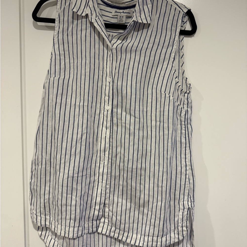 Tommy Bahama Linen Blue and Silver Striped Shirt